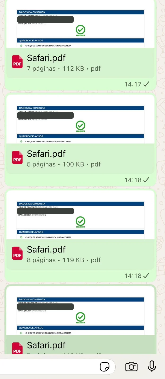 Relatórios de consulta de CPF enviados pelo WhatsApp, com dados pessoais ocultados