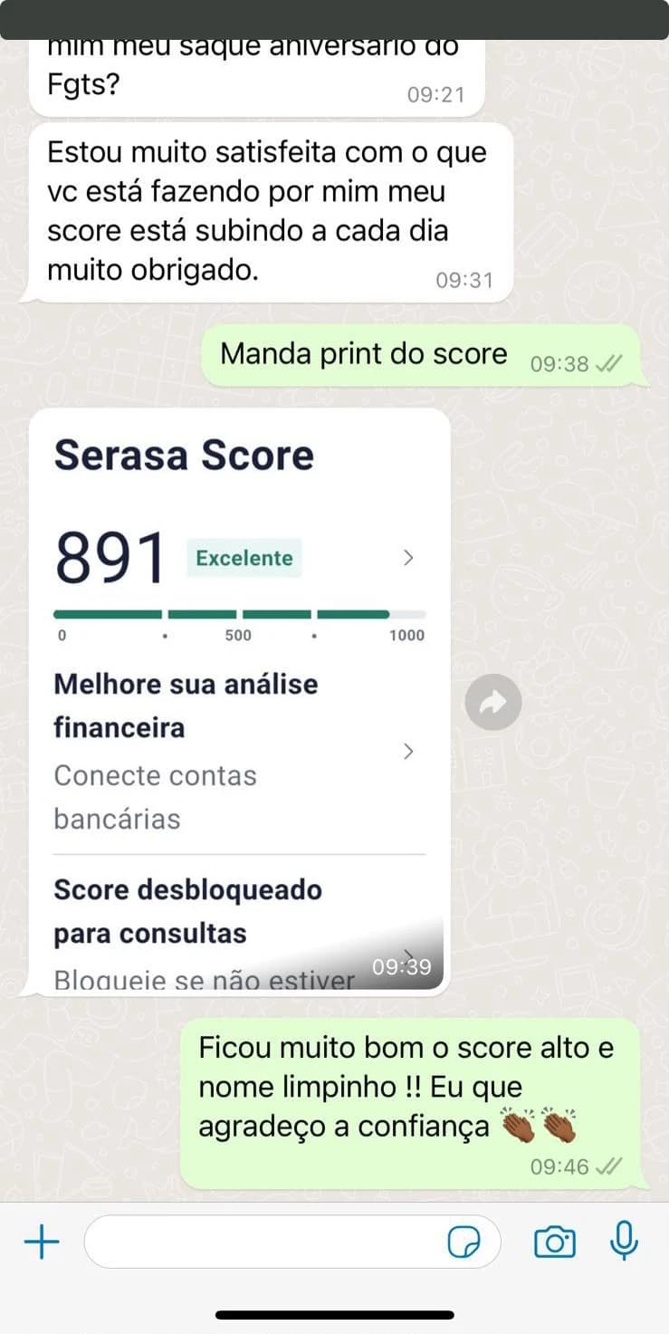 Cliente relata satisfação com o atendimento e compartilha print do Serasa Score