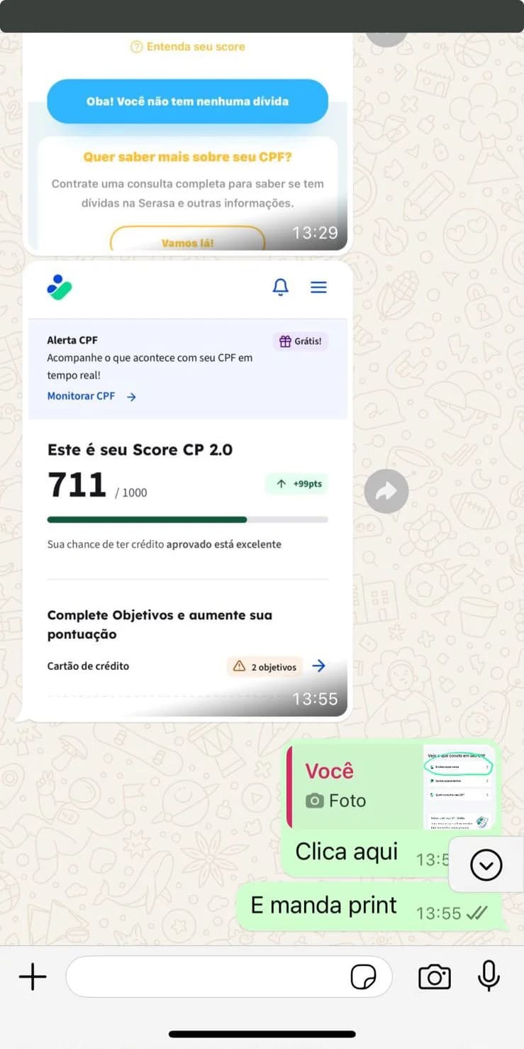 Conversa em que o cliente compartilha prints do seu score